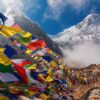 Nepal travel mountains with Buddist flags